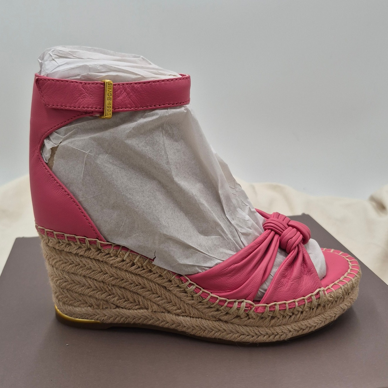 New Franco Sarto Clementine Espadrille Wedge Heek Sandal Pink Leather Size 5